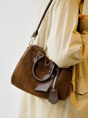 Women's Suede Leather Boston Bag | Large Shoulder & Crossbody Handbag for Fall/Winter | Vintage Commuter Bag
