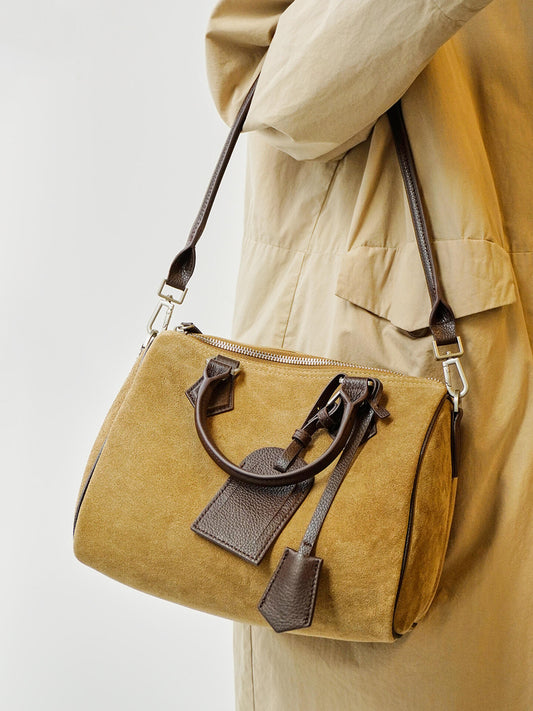 Women's Suede Leather Boston Bag | Large Shoulder & Crossbody Handbag for Fall/Winter | Vintage Commuter Bag
