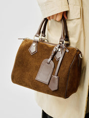 Women's Suede Leather Boston Bag | Large Shoulder & Crossbody Handbag for Fall/Winter | Vintage Commuter Bag