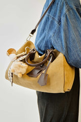 Women's Suede Leather Boston Bag | Large Shoulder & Crossbody Handbag for Fall/Winter | Vintage Commuter Bag