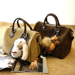 Women's Suede Leather Boston Bag | Large Shoulder & Crossbody Handbag for Fall/Winter | Vintage Commuter Bag