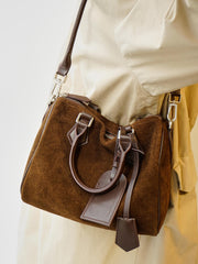 Women's Suede Leather Boston Bag | Large Shoulder & Crossbody Handbag for Fall/Winter | Vintage Commuter Bag
