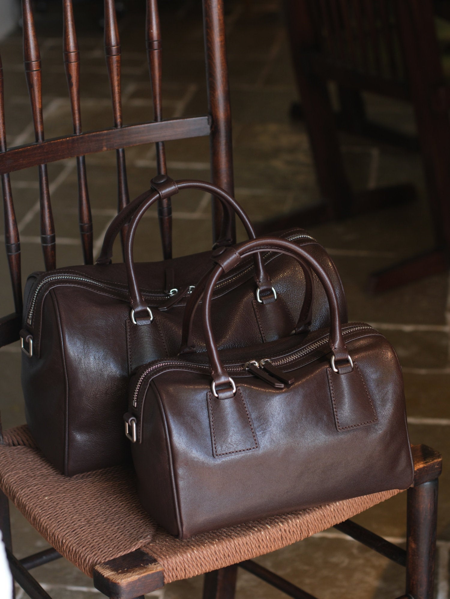 Women's Vegetable-Tanned Cowhide Leather Boston Bag | Vintage Pillow Tote | Top Handle Shoulder Crossbody Handbag in Two Sizes