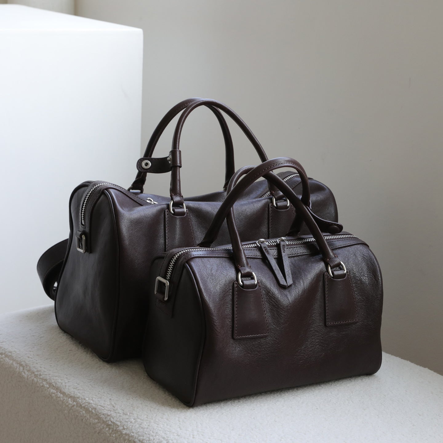 Women's Vegetable-Tanned Cowhide Leather Boston Bag | Vintage Pillow Tote | Top Handle Shoulder Crossbody Handbag in Two Sizes