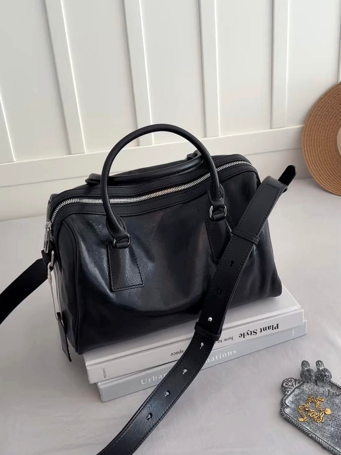 Women's Vegetable-Tanned Cowhide Leather Boston Bag | Vintage Pillow Tote | Top Handle Shoulder Crossbody Handbag in Two Sizes