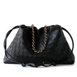 Women's Woven Lambskin Leather Cloud Bag | Drawstring Shoulder Bag with Gold Chain | Luxury Intrecciato Leather Crossbody Handbag