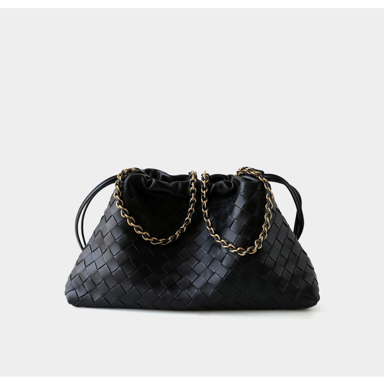 Women's Woven Lambskin Leather Cloud Bag | Drawstring Shoulder Bag with Gold Chain | Luxury Intrecciato Leather Crossbody Handbag