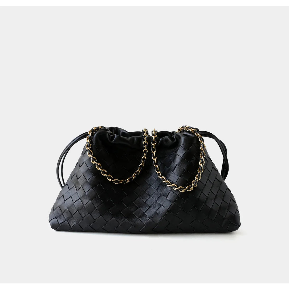 Women's Woven Lambskin Leather Cloud Bag | Drawstring Shoulder Bag with Gold Chain | Luxury Intrecciato Leather Crossbody Handbag