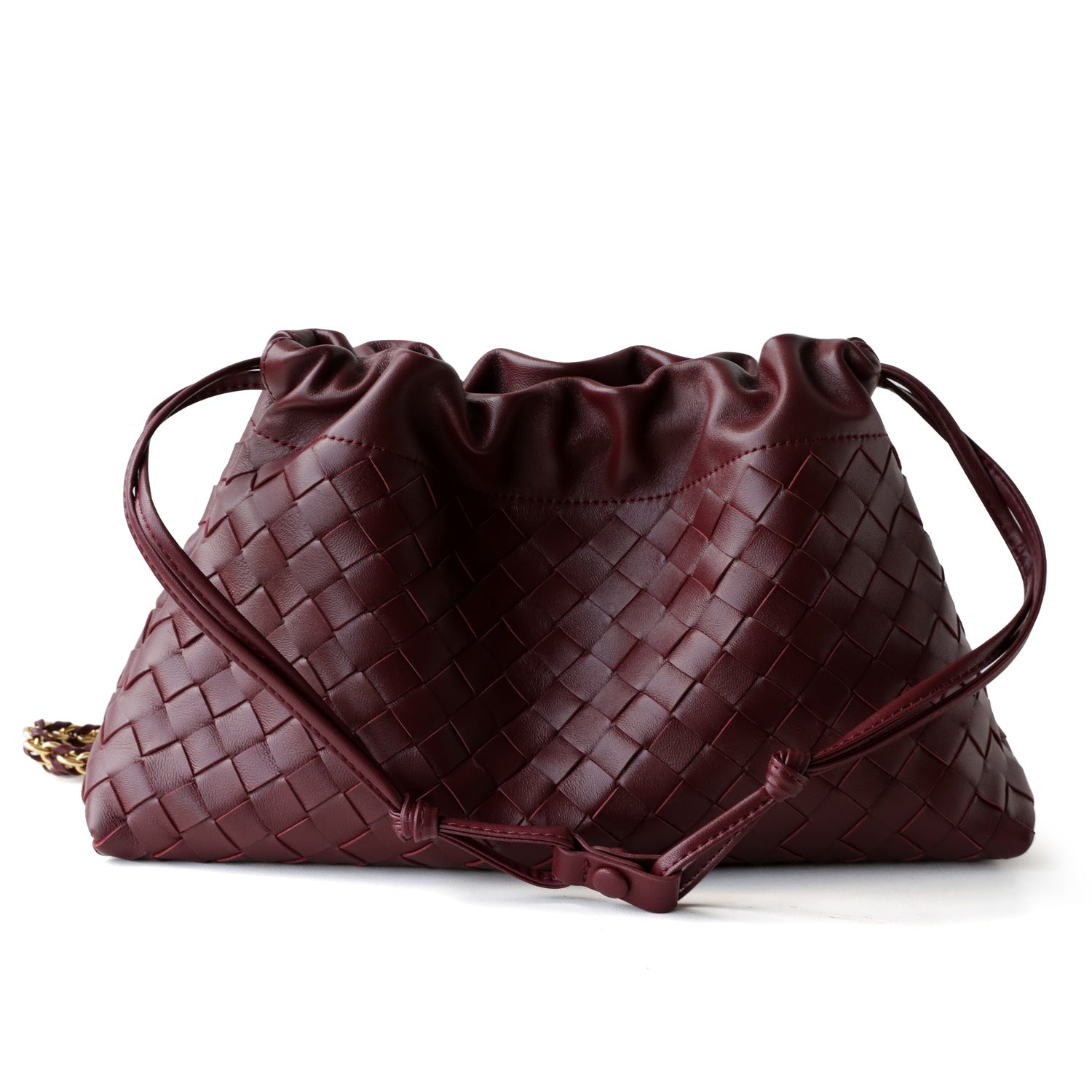 Women's Woven Lambskin Leather Cloud Bag | Drawstring Shoulder Bag with Gold Chain | Luxury Intrecciato Leather Crossbody Handbag