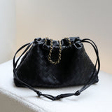 Women's Woven Lambskin Leather Cloud Bag | Drawstring Shoulder Bag with Gold Chain | Luxury Intrecciato Leather Crossbody Handbag