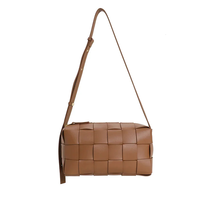 Women’s Woven Leather Boston Bag, Designer Real Genuine Leather Shoulder & Crossbody Handbag