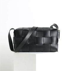 Women’s Woven Leather Boston Bag, Designer Real Genuine Leather Shoulder & Crossbody Handbag
