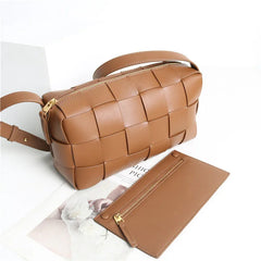 Women’s Woven Leather Boston Bag, Designer Real Genuine Leather Shoulder & Crossbody Handbag