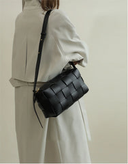 Women’s Woven Leather Boston Bag, Designer Real Genuine Leather Shoulder & Crossbody Handbag