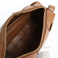 Women’s Woven Leather Boston Bag, Designer Real Genuine Leather Shoulder & Crossbody Handbag