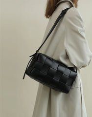 Women’s Woven Leather Boston Bag, Designer Real Genuine Leather Shoulder & Crossbody Handbag