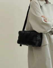 Women’s Woven Leather Boston Bag, Designer Real Genuine Leather Shoulder & Crossbody Handbag