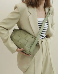 Women’s Woven Leather Boston Bag, Designer Real Genuine Leather Shoulder & Crossbody Handbag