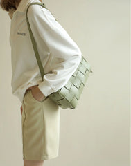 Women’s Woven Leather Boston Bag, Designer Real Genuine Leather Shoulder & Crossbody Handbag