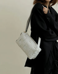 Women’s Woven Leather Boston Bag, Designer Real Genuine Leather Shoulder & Crossbody Handbag