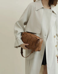 Women’s Woven Leather Boston Bag, Designer Real Genuine Leather Shoulder & Crossbody Handbag