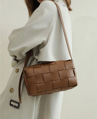 Women’s Woven Leather Boston Bag, Designer Real Genuine Leather Shoulder & Crossbody Handbag
