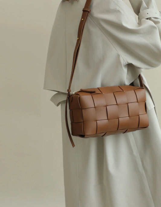 Women’s Woven Leather Boston Bag, Designer Real Genuine Leather Shoulder & Crossbody Handbag