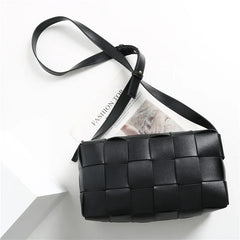 Women’s Woven Leather Boston Bag, Designer Real Genuine Leather Shoulder & Crossbody Handbag