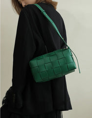 Women’s Woven Leather Boston Bag, Designer Real Genuine Leather Shoulder & Crossbody Handbag