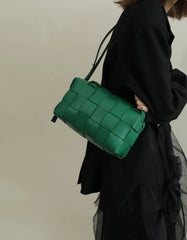 Women’s Woven Leather Boston Bag, Designer Real Genuine Leather Shoulder & Crossbody Handbag