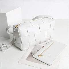 Women’s Woven Leather Boston Bag, Designer Real Genuine Leather Shoulder & Crossbody Handbag