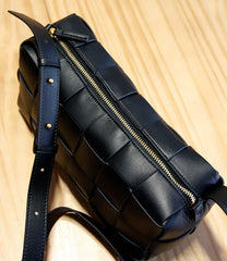 Women’s Woven Leather Boston Bag, Designer Real Genuine Leather Shoulder & Crossbody Handbag