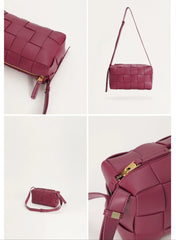 Women’s Woven Leather Boston Bag, Designer Real Genuine Leather Shoulder & Crossbody Handbag