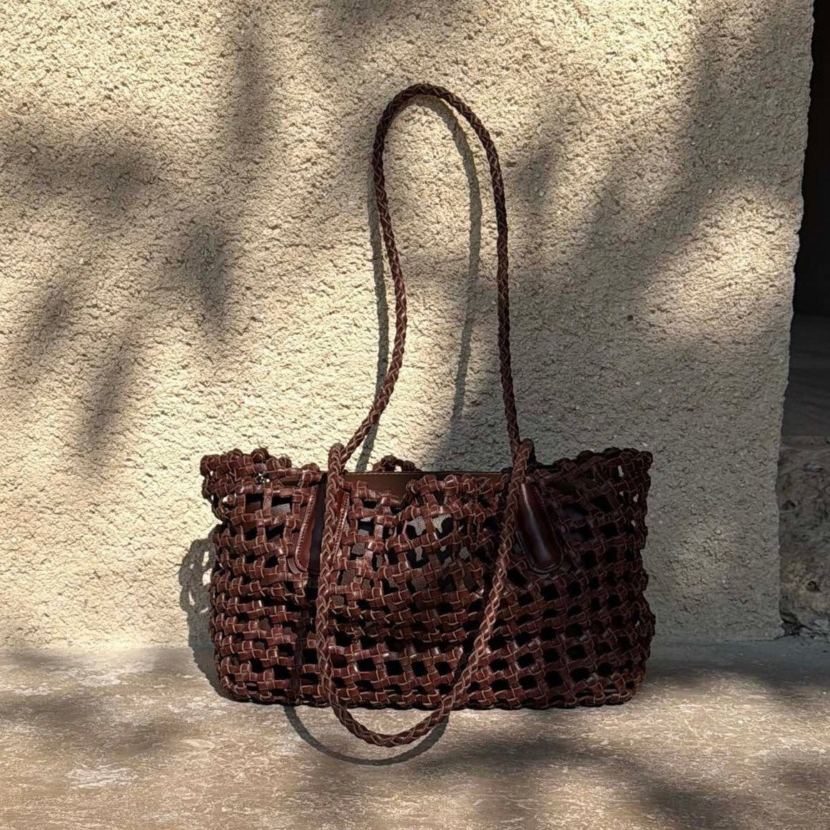 Woven Leather Cutout Tote Bag | Handcrafted Full Grain Cowhide Basket Bag