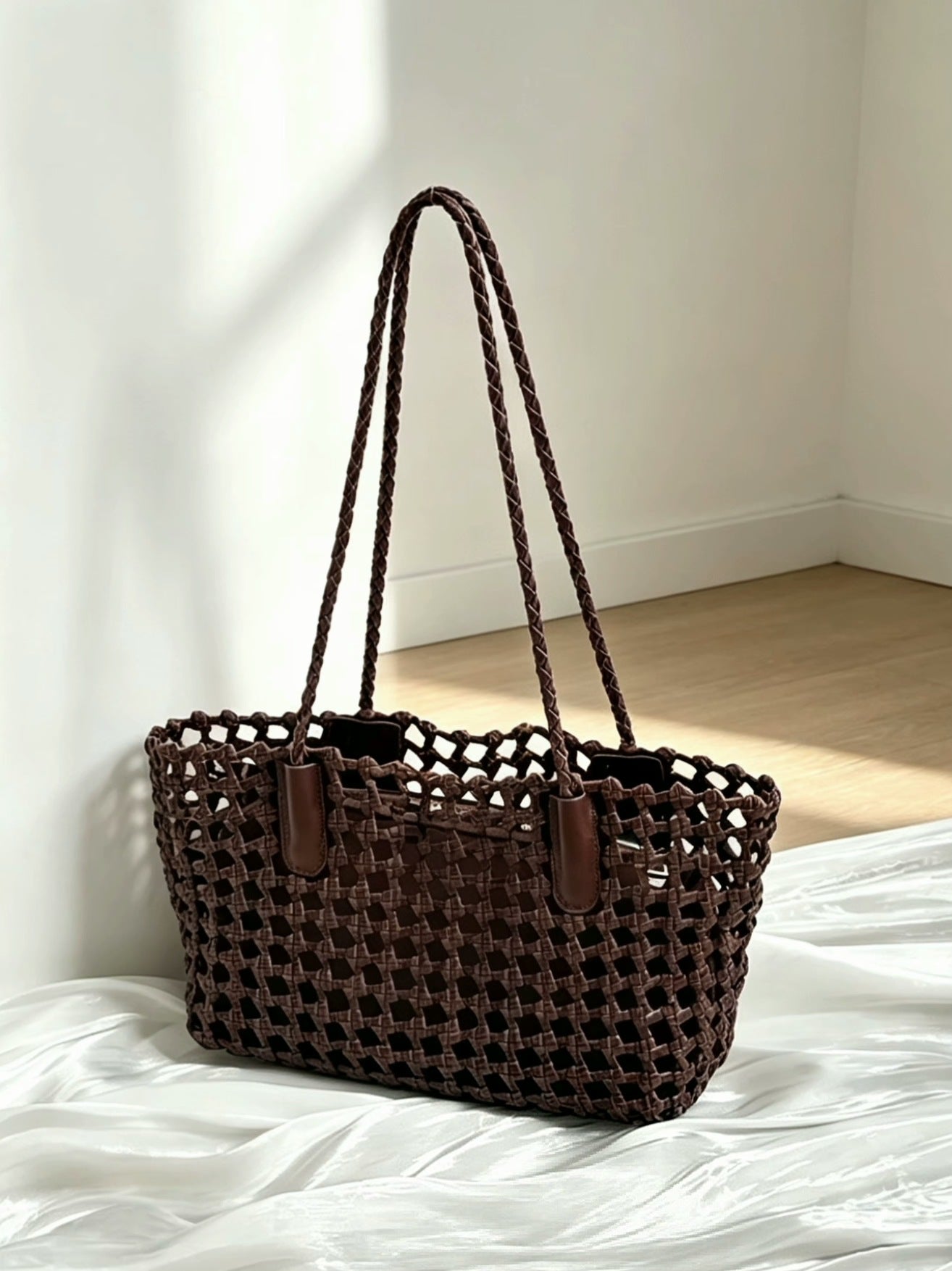 Woven Leather Cutout Tote Bag | Handcrafted Full Grain Cowhide Basket Bag