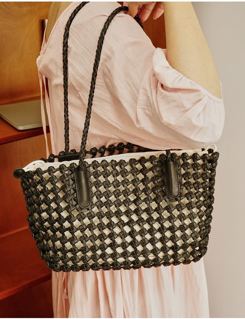 Woven Leather Cutout Tote Bag | Handcrafted Full Grain Cowhide Basket Bag