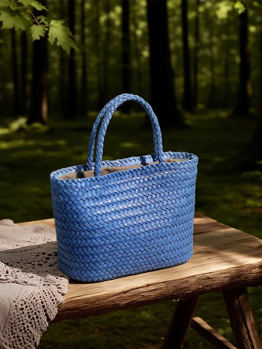 Woven Leather Purse for Women, Handmade Vintage Full Grain Leather Basket Tote, Leather Top Handle Handbag