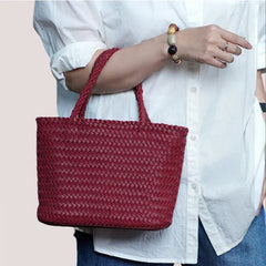 Woven Leather Purse for Women, Handmade Vintage Full Grain Leather Basket Tote, Leather Top Handle Handbag