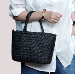 Woven Leather Purse for Women, Handmade Vintage Full Grain Leather Basket Tote, Leather Top Handle Handbag