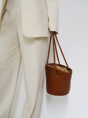 Cowhide Leather Hand Woven Bucket Bag, Open Rattan Woven Triple Jump Bamboo Ladies Hobo Holiday Bag, Weekend Basket Bag, Small Beach Bag - Alexel Crafts
