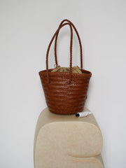 Cowhide Leather Hand Woven Bucket Bag, Open Rattan Woven Triple Jump Bamboo Ladies Hobo Holiday Bag, Weekend Basket Bag, Small Beach Bag - Alexel Crafts