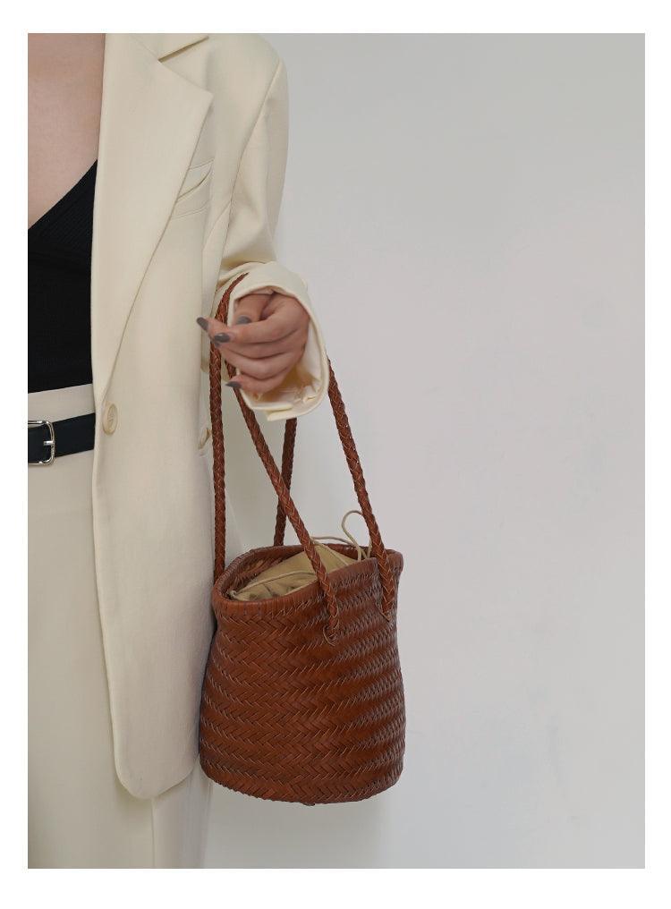 Hand-Woven Cowhide Leather Bucket Bag | Women's Braided Drawstring Basket Purse