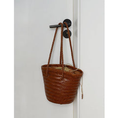 Cowhide Leather Hand Woven Bucket Bag, Open Rattan Woven Triple Jump Bamboo Ladies Hobo Holiday Bag, Weekend Basket Bag, Small Beach Bag - Alexel Crafts