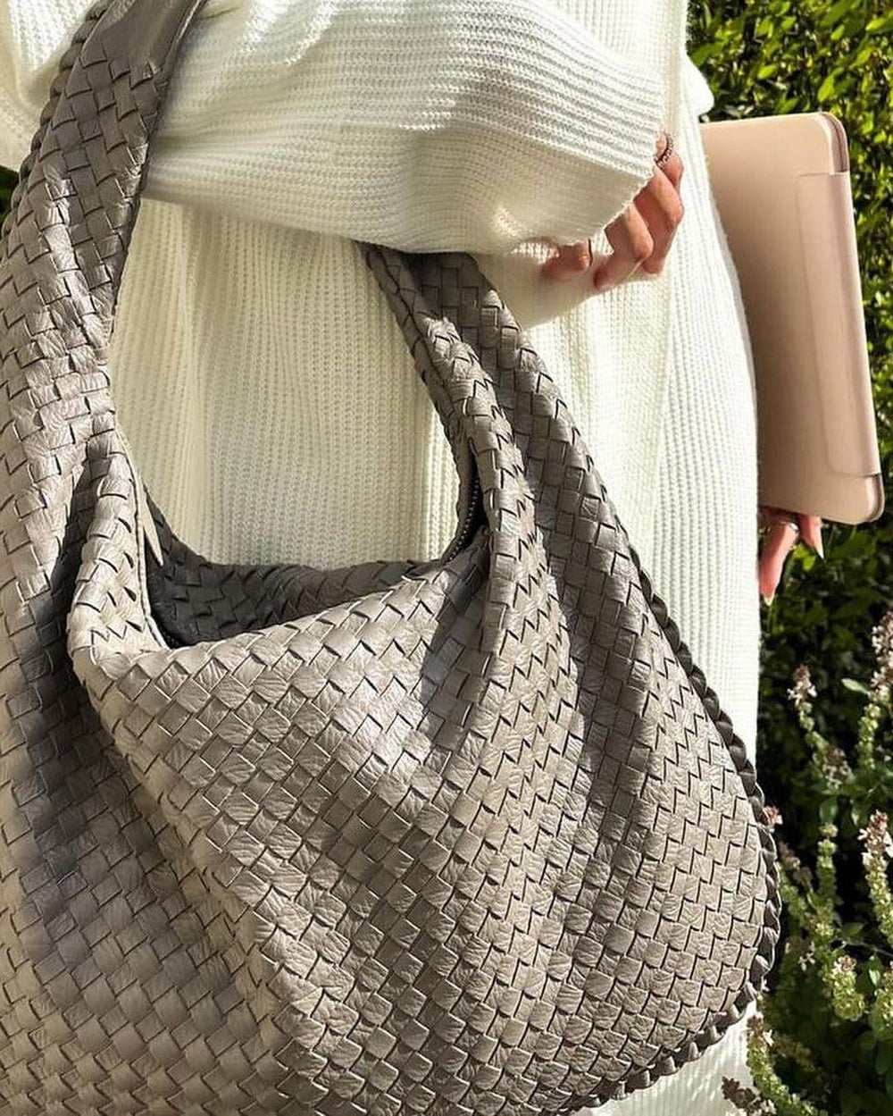 Lambskin Hobo Bag | Italian Leather Handbag | Large Handwoven Laptop Bag, Woven Dumpling Bag, Leather Tote Bag, Black, Blue Working Bag