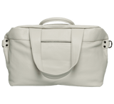 White leather duffle bag with top handles and front zip pocket, minimalist design