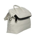 White leather duffle bag with top handles and black zipper, modern travel bag for men and women