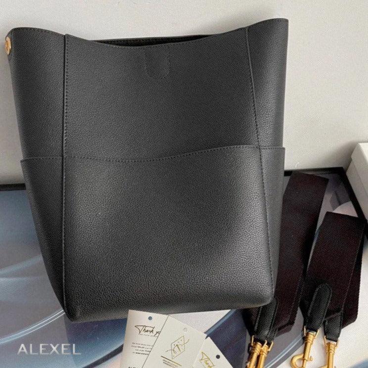 Extra Large Genuine Leather Bucket Bag, Minimalist Classic Leather Tote Bag, Fashion Designer Shoulder Bag Wide Strap, Gift For Her - Alexel Crafts