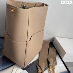 Extra Large Genuine Leather Bucket Bag, Minimalist Classic Leather Tote Bag, Fashion Designer Shoulder Bag Wide Strap, Gift For Her - Alexel Crafts