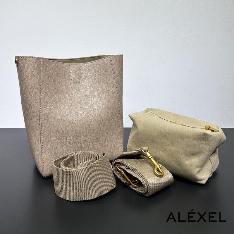 Extra Large Genuine Leather Bucket Bag, Minimalist Classic Leather Tote Bag, Fashion Designer Shoulder Bag Wide Strap, Gift For Her - Alexel Crafts
