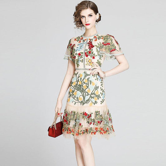 Fashion Runway Handcrafted Summer Dress Women's Flare Sleeve Floral Embroidery Elegant Mesh Hollow Out Mini Dresses - Alexel Crafts